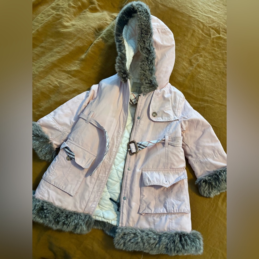 Burberry White Quilted Coat with Gray Fur Trim